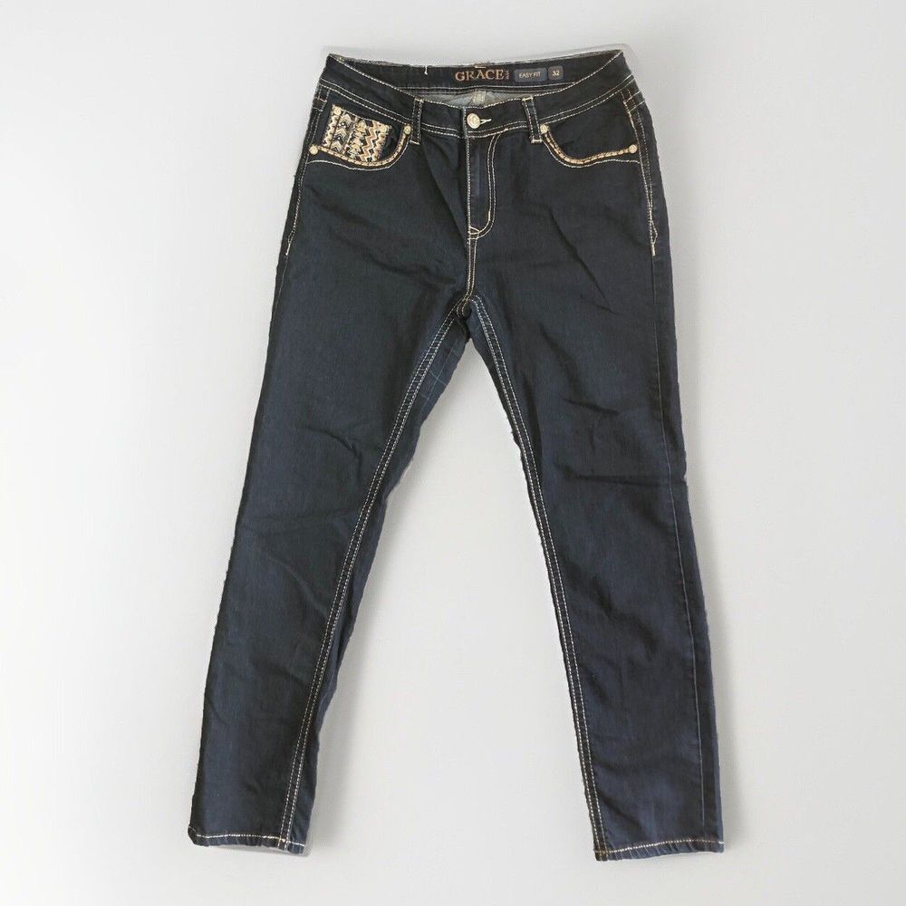 Grace In LA Skinny Jeans Womens 32 Dark Wash Blue Embellished Stretch Crystals